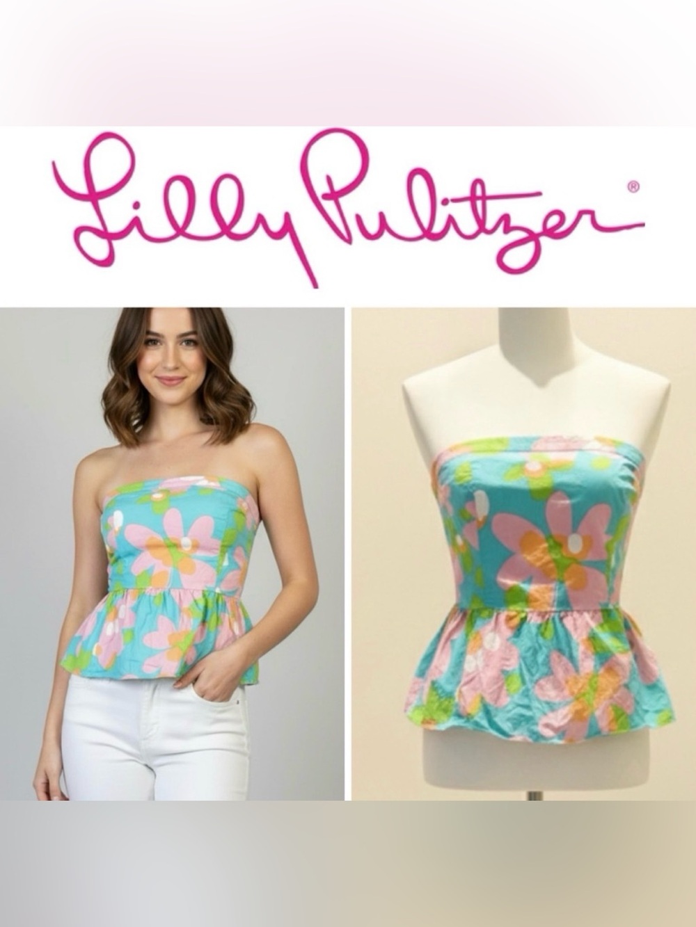 LILLY PULITZER Shandy Mojo Shorely Blue Floral Print Strapless Peplum Top